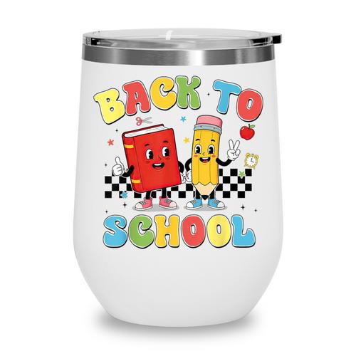 Back To School Checkered Book Pencil Groovy Teacher Student Wine Tumbler - Bookorys CA
