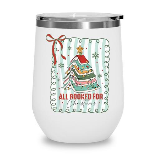 All Booked For Christmas Book Xmas Tree Coquette Bow Lights Wine Tumbler - Bookorys