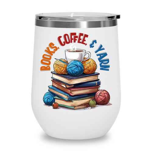 “Books Coffee & Yarn Enthusiast Cozy Reader Wine Tumbler - Bookorys DE