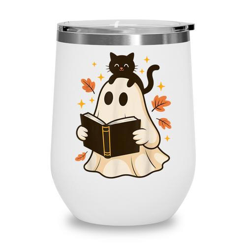Books Ghost Reading Book Halloween Library Cat Fall Wine Tumbler - Bookorys