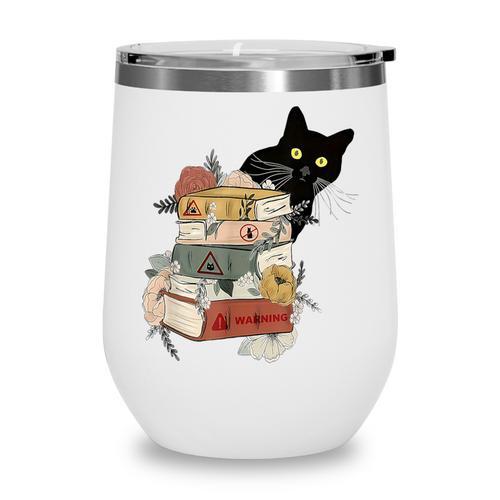 Cat And Books Flowers Reading Club Cat Lover Bookworm Wine Tumbler - Bookorys