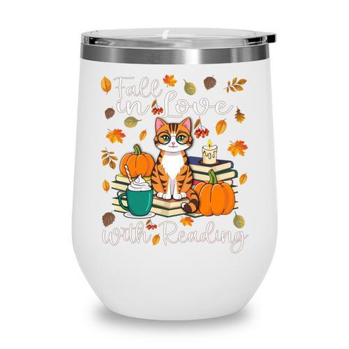 Cat Fall In Love With Reading Book Lover Autumn Wine Tumbler - Bookorys