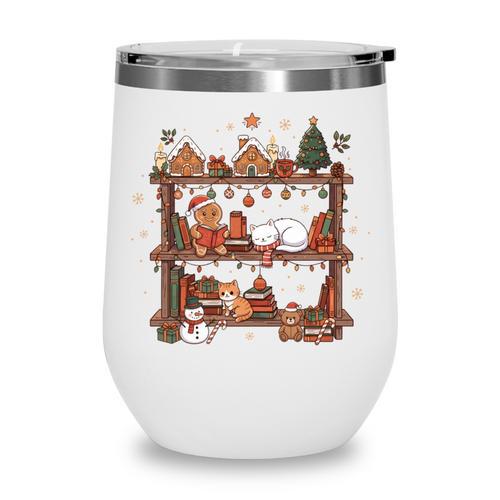 Christmas Cats Bookshelf Gingerbread Wine Tumbler - Bookorys DE