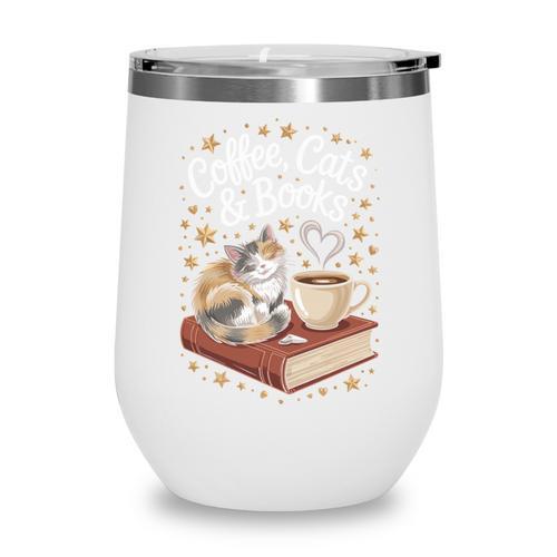 Coffee Cats & Books Cute Cat Book Lover Reading Wine Tumbler - Bookorys