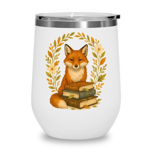 Cottagecore Whimsical Woodland Red Fox Behind Stack Of Books Wine Tumbler - Bookorys