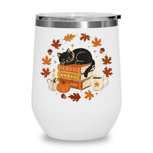 Cute Cat Fall In Love With Reading Book Cat Lover Librarian Wine Tumbler - Bookorys