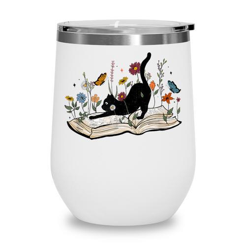 Cute Cat Flower Garden Book Kitty Reading Floral Men Women Girls Kids Wine Tumbler - Bookorys AU