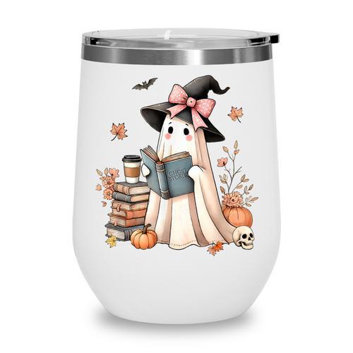 Cute Ghost Reading Book Librarian Book Lover Wine Tumbler - Bookorys