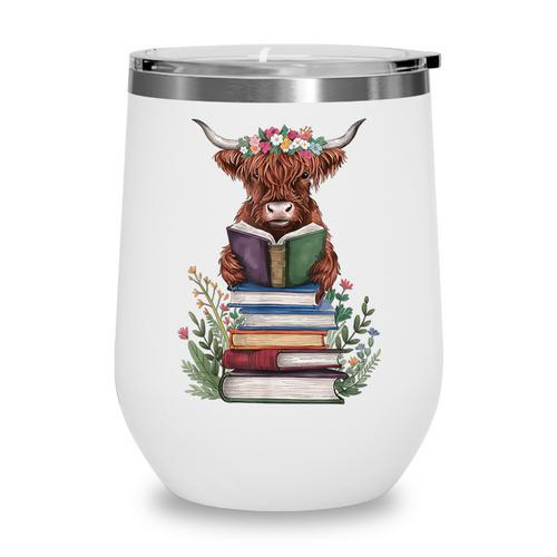 Cute Highland Cow With Book Floral Bookworm Librarian Book Wine Tumbler - Bookorys