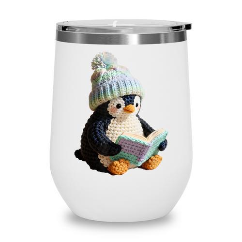 Cute Penguin Reading Book Faux-Crochet Print Wine Tumbler - Bookorys DE