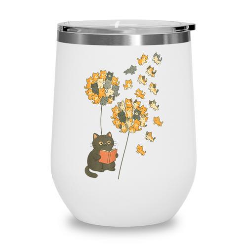 Cute Reading Cat With Kitten Dandelion Flowers Book Lover Wine Tumbler - Bookorys CA
