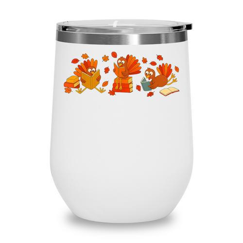 Cute Turkey Reading Book Librarian Bookworm Thanksgiving Men Wine Tumbler - Bookorys