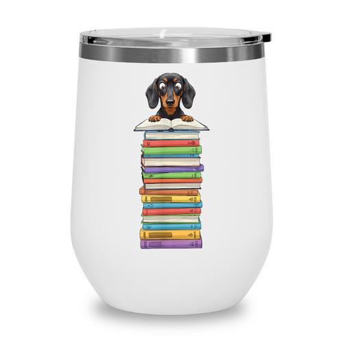 Cute Wiener Dog Dachshund Reading On Pile Of Books Wine Tumbler - Bookorys AU