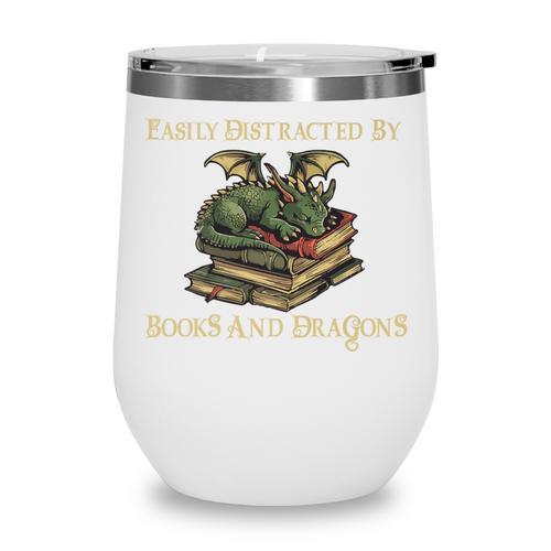 Easily Distracted By Books And Dragons Graphic Premium Wine Tumbler - Bookorys CA