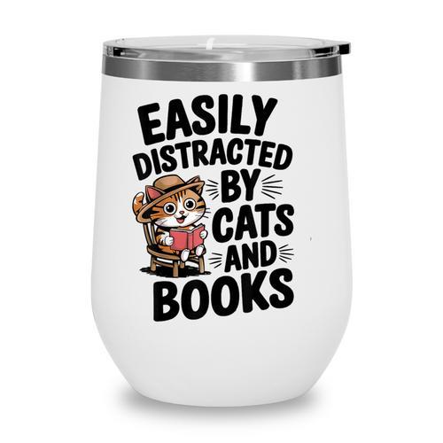 Easily Distracted By Cats And Books Lovers Reading Wine Tumbler - Bookorys DE