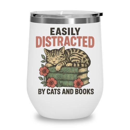 Easily Distracted By Cats And Books Vintage Wine Tumbler - Bookorys AU