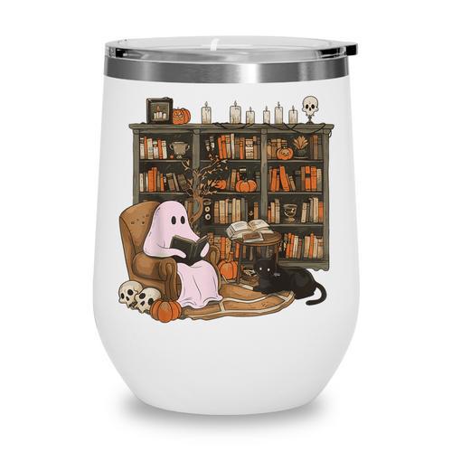 Ghost Reading Book Cat Lover Halloween Reading Enthusiast Wine Tumbler - Bookorys