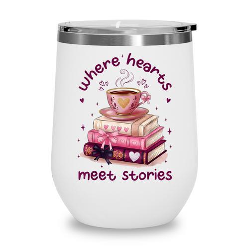 Where Hearts Groovy Meet Stories Coffee Books Valentines Day Wine Tumbler - Bookorys DE
