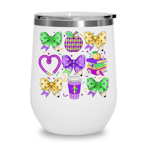 Mardi Gras Teacher Coquette Bow Pencil Apple Book Women Girl Wine Tumbler - Bookorys DE