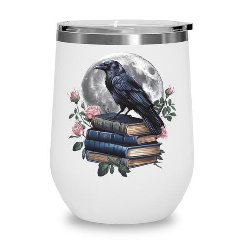 Raven Nature Art Crow Moon Book Cottagecore Botanical Flower Wine Tumbler - Bookorys AU