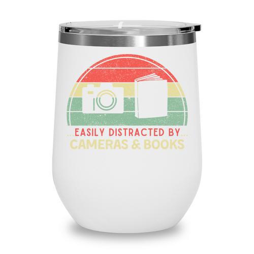 Retro Easily Distracted By Cameras & Books Photography Wine Tumbler - Bookorys UK