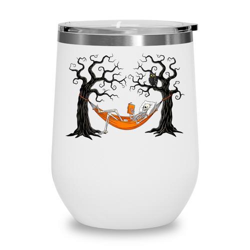 Skeleton Reading Book In Hammock Halloween Reader Wine Tumbler - Bookorys DE