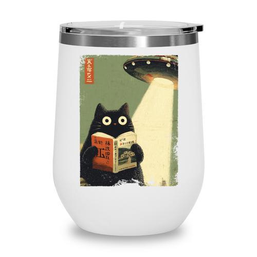 Vintage Japanese Cat Book Lovers UFO Alien Abduction Cat Dad Wine Tumbler - Bookorys