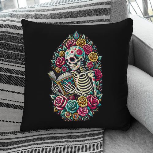 Book Lover Skeleton Reading With Dia De Los Muertos Flowers Pillowcase - Bookorys UK