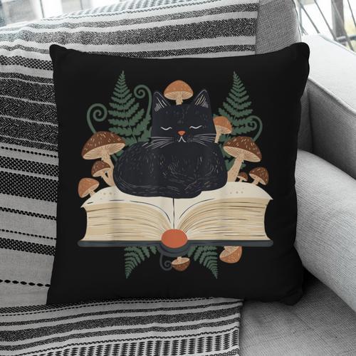 Cat On Open Book Mushrooms Ferns Dark Academia Pillowcase - Bookorys UK