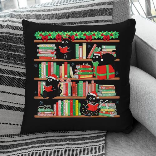 Christmas Cat Santa Bookshelves Book Lover Reader Pillowcase - Bookorys DE