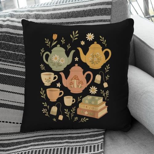 Cottagecore Whimsical Elements Teapots Books Pillowcase - Bookorys