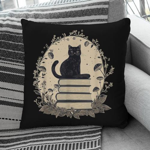 Cute Cat Sitting On Books With Mushrooms Cottage Core Pillowcase - Bookorys CA