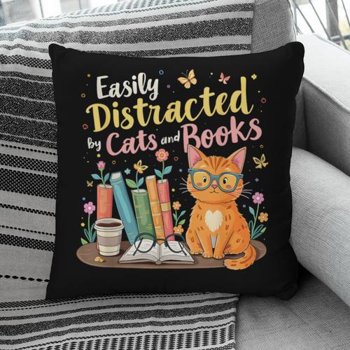 Easily Distracted By Cats And Books Book & Cat Lover Pillowcase - Bookorys