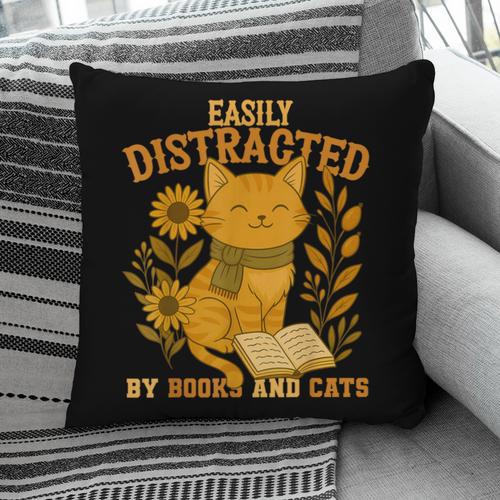 Easily Distracted By Cats And Books Cute Cat Book Lover Pillowcase - Bookorys