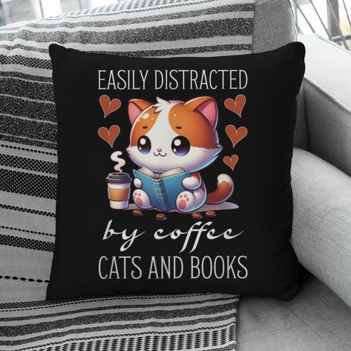 Easily Distracted By Coffee Cats And Books Pillowcase - Bookorys UK