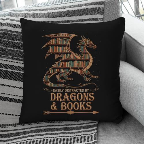 Easily Distracted By Dragons And Books Library Dragon Lover Pillowcase - Bookorys