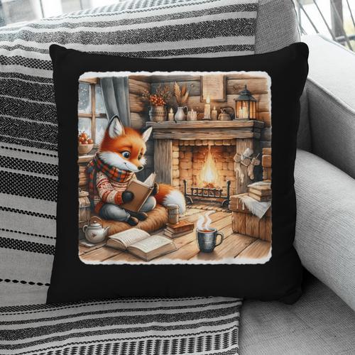 Fox Reads By Fireplace In Cabin Rustic Book Cozy Cup Tea Pillowcase - Bookorys UK