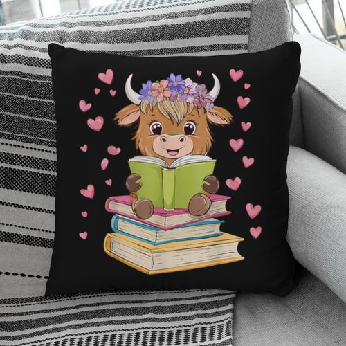 Highland Cow Reading Book Floral Bookworm Pillowcase - Bookorys