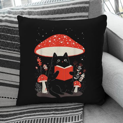Kawaii Cottagecore Mushroom Cat Reading a Book Pillowcase - Bookorys DE