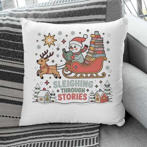 Book Lovers Winter Sleighing Through Stories Tee Premium Tri-Blend Pillowcase - Bookorys DE