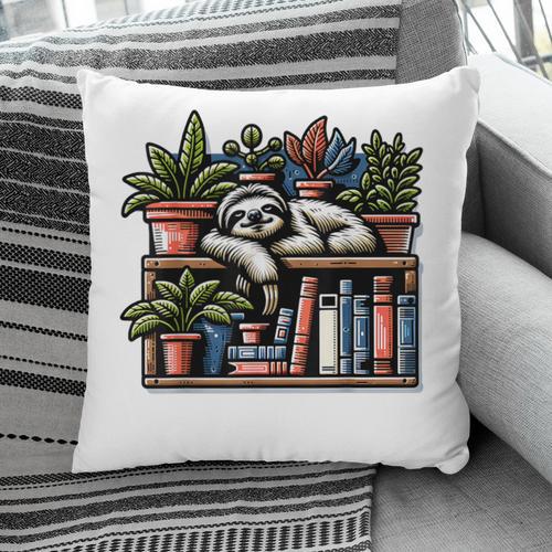 Cosy Sloth In Bookshelf With Plants Pillowcase - Bookorys AU