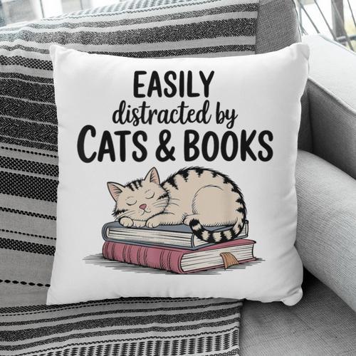 Easily Distracted By Cats And Books Cute Book Lover Pillowcase - Bookorys