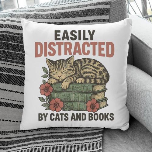 Easily Distracted By Cats And Books Vintage Pillowcase - Bookorys DE
