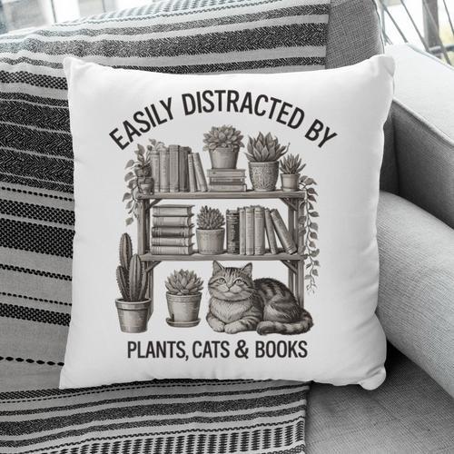 Easily Distracted By Plants Cats & Books Planting Gardening Pillowcase - Bookorys