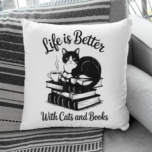 Life Is Better With Cats & Books Tuxedo Cat Mom Women Pillowcase - Bookorys