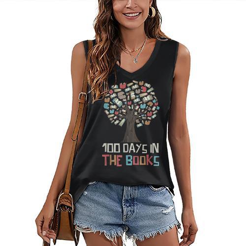 100 Days In The Books Tree Reading Teacher Student 100th Day Women's V-Neck Tank Top - Bookorys