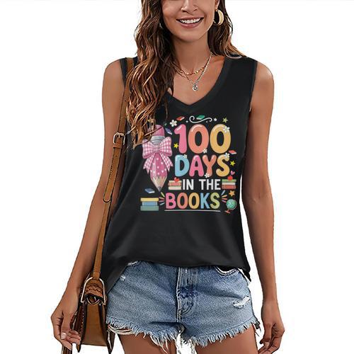 100th Day Of School Teacher Floral 100 Days In The Books Women's V-Neck Tank Top - Bookorys CA