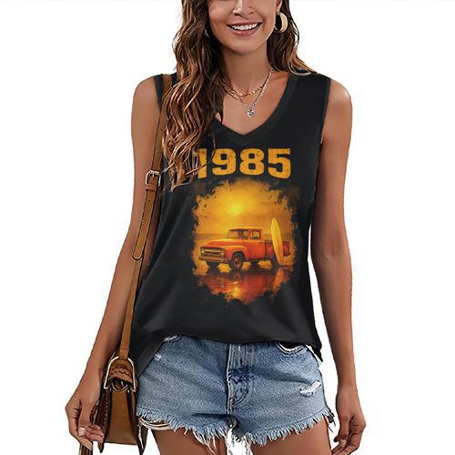 1985 Vintage Sunset Surf Truck Retro Beach Nostalgia Women's V-Neck Tank Top - Figerry