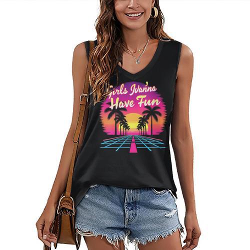 80s Fashion Girls Just Wanna Have Fun 1980s Nostalgia Women's V-Neck Tank Top - Figerry