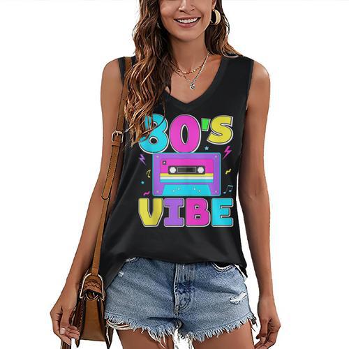 80's Vibe Retro Style Cassette Tape Nostalgia 1980s Party Women's V-Neck Tank Top - Figerry